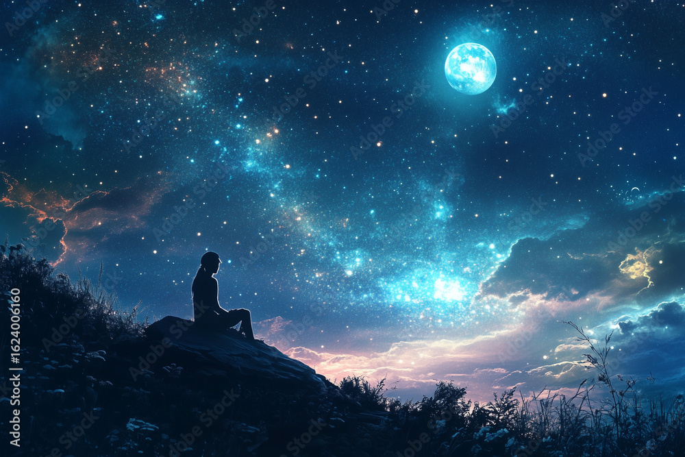 Night sky with bright moon and shining stars over dark landscape Night sky with bright moon and shining stars over dark landscape