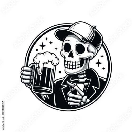 A skeleton wearing a cap and jacket, holding a beer mug, smiling.