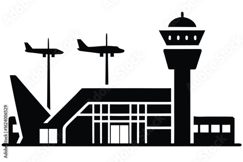 airport scene with terminals  control tower  and a.eps