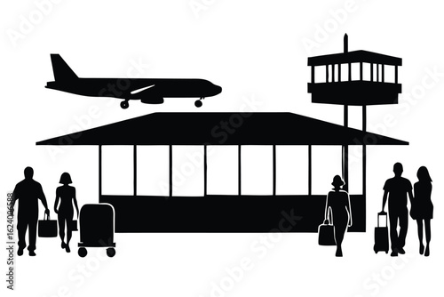 airport terminal with passengers  planes  and lugg.eps
