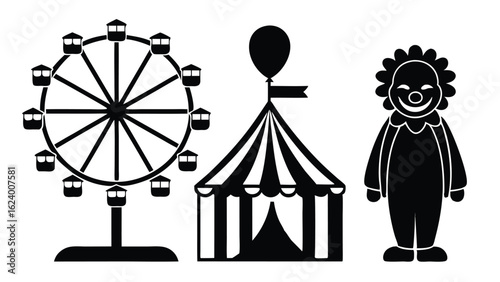 Black and white illustration featuring ferris wheel clown circus tent and party balloon for fun
