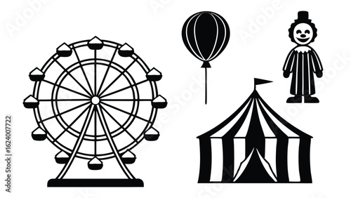 Black and white illustration of a circus theme showing carnival fun elements.