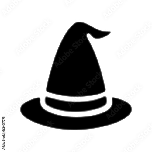 Black Halloween witch hat isolated on white background. Flat vector icon illustration for spooky holiday decoration and magical costume themes.