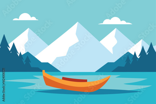 canoe on a peaceful alpine lake with snowcapped mo.eps