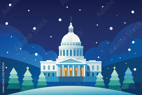 capitol building in snow with holiday lights  .eps