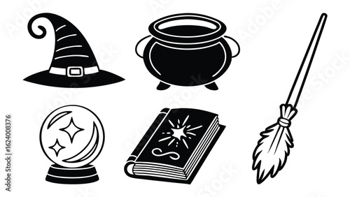 Black and white vector illustration of magical witchcraft tools and symbols for halloween celebrations and designs.
