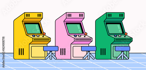 Three colorful retro arcade machines with matching stools Set against a simple white and blue grid floor background in cartoon style vector hand drawn for game banner or vintage gaming arcades design
