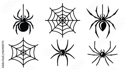 Black and white vector illustrations of spiders and spiderwebs representing creepy halloween designs