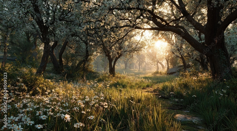 Obraz premium Sunlit path through blossoming orchard