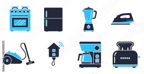 Home appliance vector icons pack with refrigerator washing machine vacuum cleaner and electronic symbols