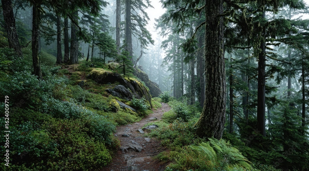 Obraz premium Misty forest path winds through lush greenery and tall trees