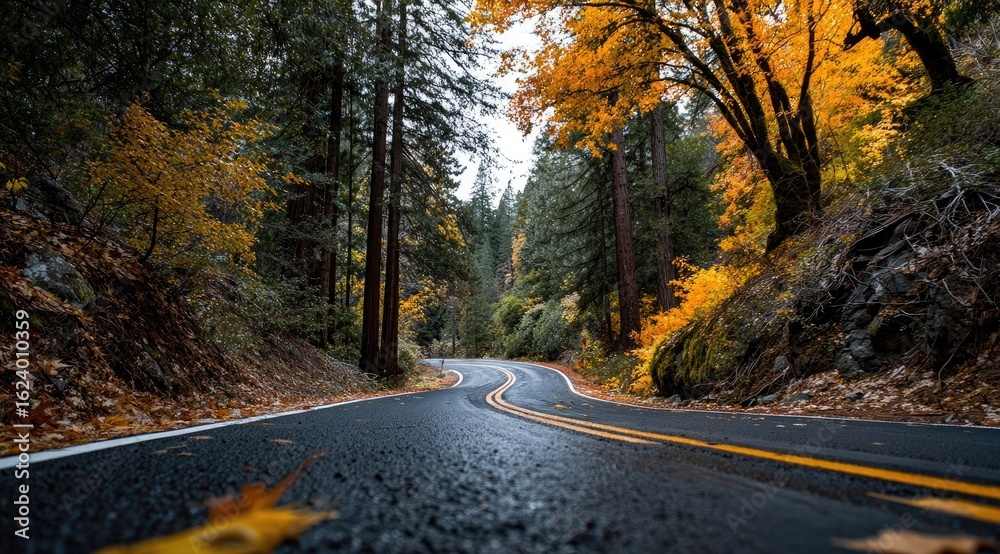 Fototapeta premium Winding road through autumnal forest (1)