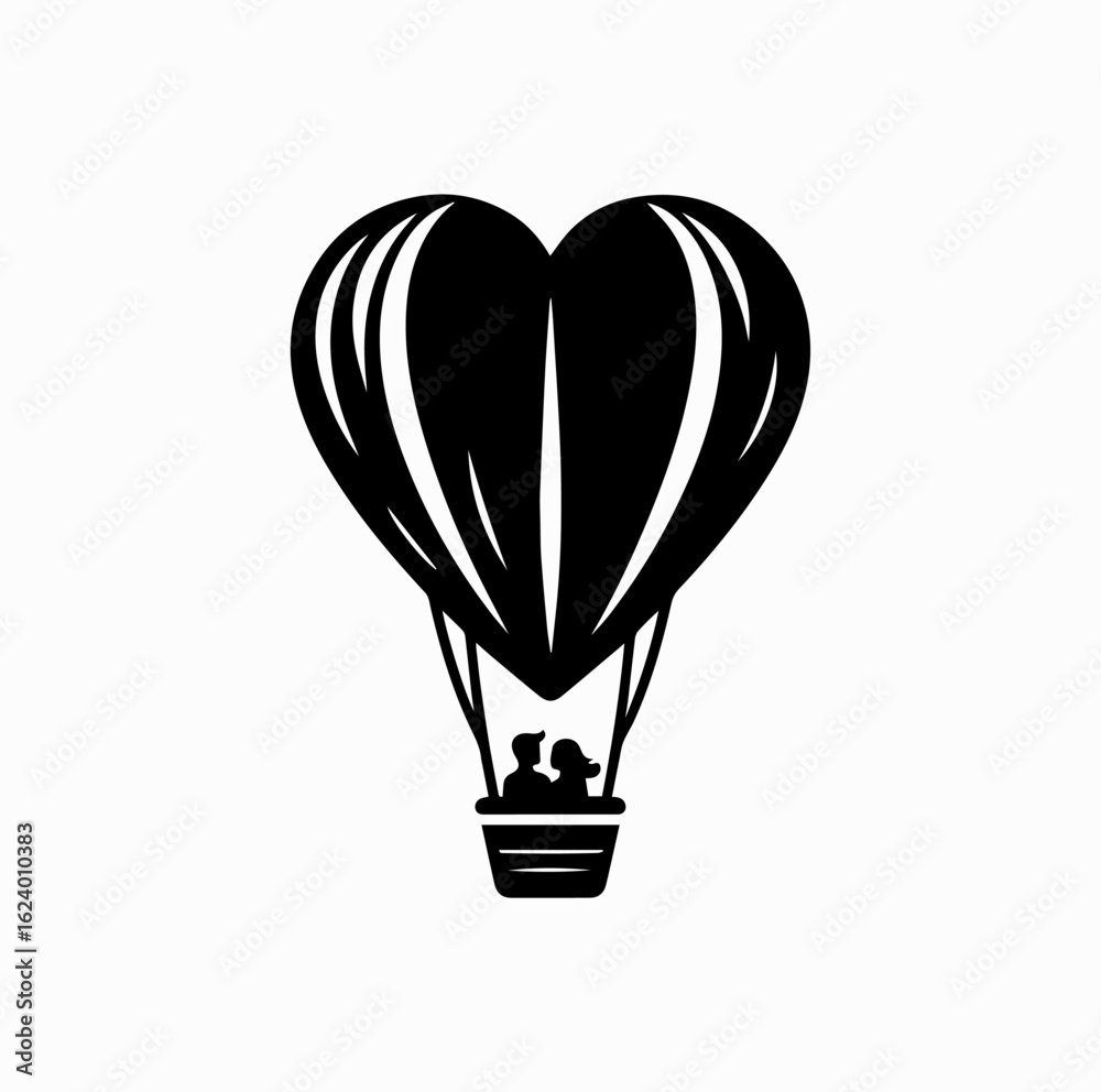 Obraz premium Heart-Shaped Hot Air Balloon with Couple – Romantic Vector Silhouette
