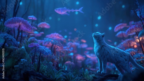A silver cat stands among fluorescent mushrooms in a moonlit forest, creating a surreal image. This is a popular digital art piece perfect for a book cover or game scene. International Cat Day