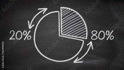 Dynamic 80/20 Pareto principle concept visualized with chalk on blackboard for business analysis