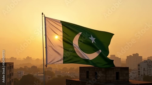  flag waving against a golden sunset sky with buildings in the distance in the city view