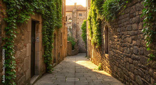 Enchanting cobblestone alleyway with ivy-covered walls in a charming European village