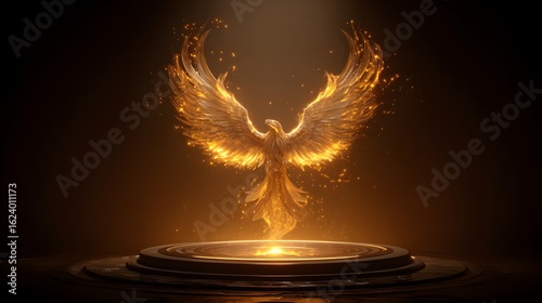 Golden phoenix rising above illuminated circular podium dark backgr...