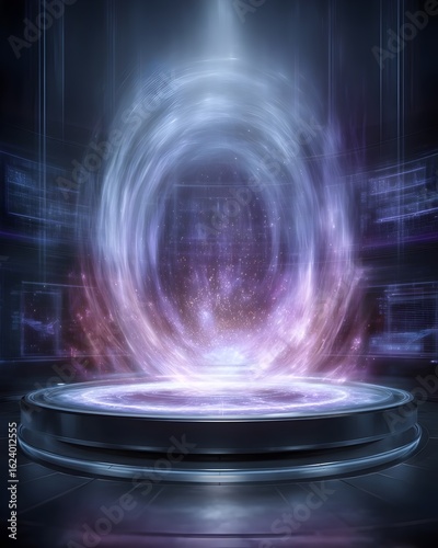 Futuristic holographic podium with purple energy portal background
