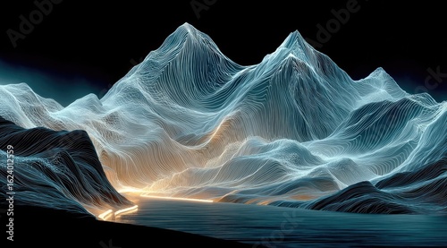 Wallpaper Mural Glowing lines form abstract, ethereal mountains and a valley at night Torontodigital.ca