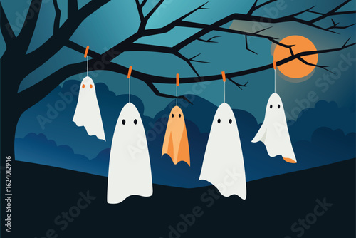 diy tissue paper ghosts hanging from tree branches.eps