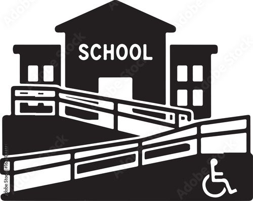 Black and white graphic of a school building with a wheelchair ramp education accessibility
