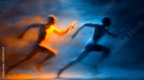Two abstract runners in a relay race passing a glowing baton, a concept for teamwork, business transition, and collaboration
