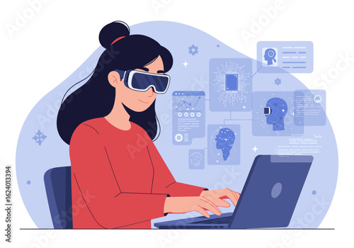 A woman wearing AR/VR goggles works on a computer surrounded by symbols of programming, AI, and digital development, showcasing immersive coding and futuristic technology in development.