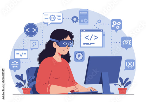 A woman wearing AR/VR goggles works on a computer surrounded by symbols of programming, AI, and digital development, showcasing immersive coding and futuristic technology in development.