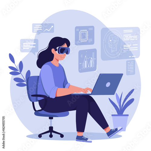 A woman wearing AR/VR goggles works on a computer surrounded by symbols of programming, AI, and digital development, showcasing immersive coding and futuristic technology in development.