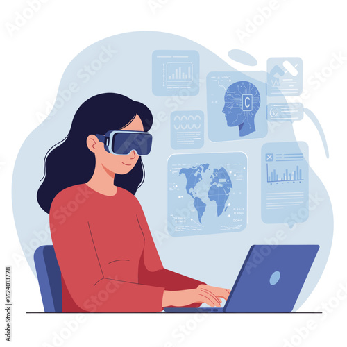 A woman wearing AR/VR goggles works on a computer surrounded by symbols of programming, AI, and digital development, showcasing immersive coding and futuristic technology in development.