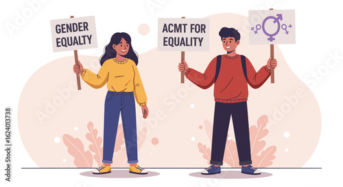 A man and woman holding signs advocating for gender equality at a rally.