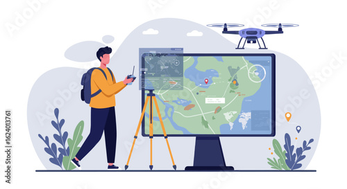 A man using a controller to fly a drone while observing a large map on a stand.