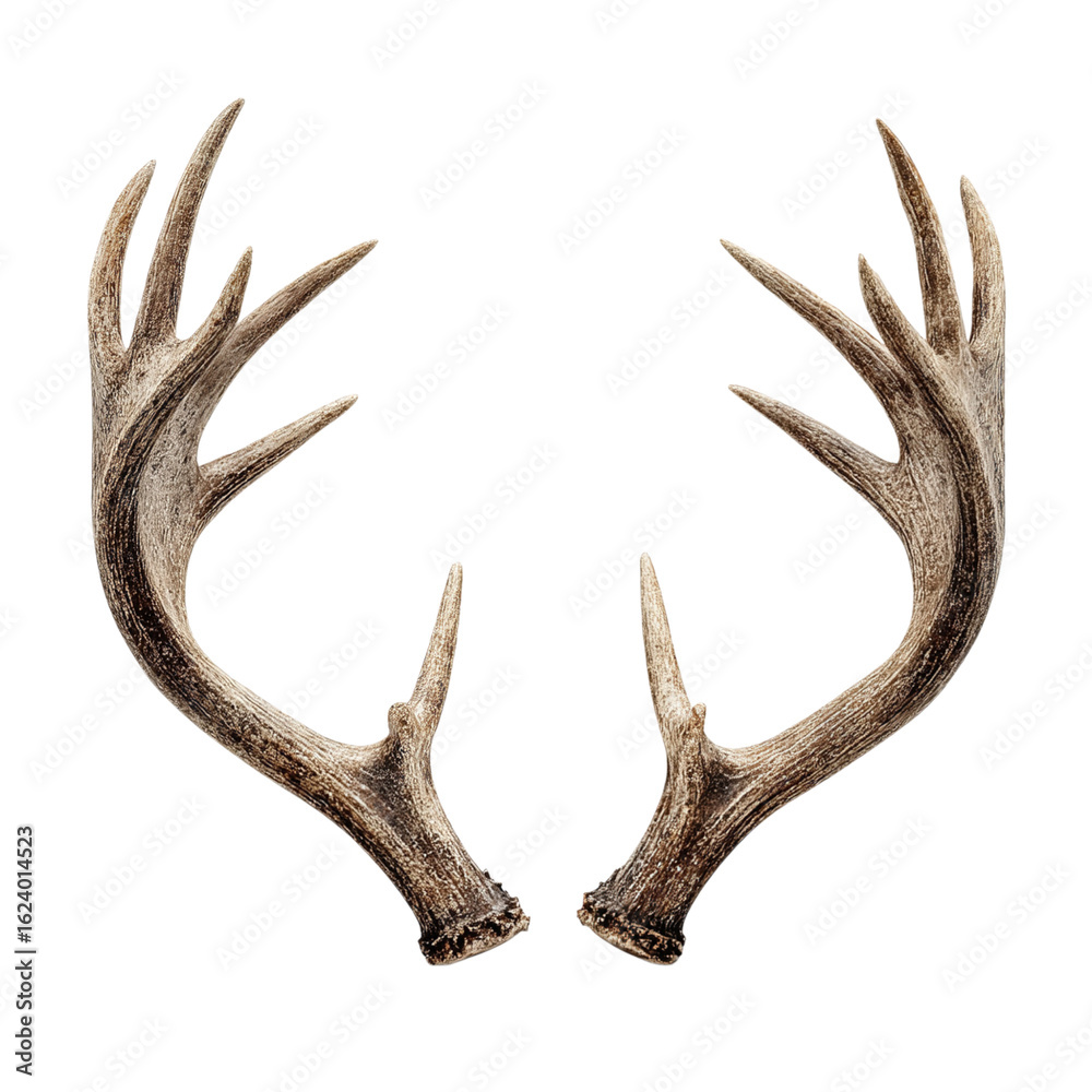 Fototapeta premium Isolated pair of deer antlers with multiple points against a stark black background in studio lighting