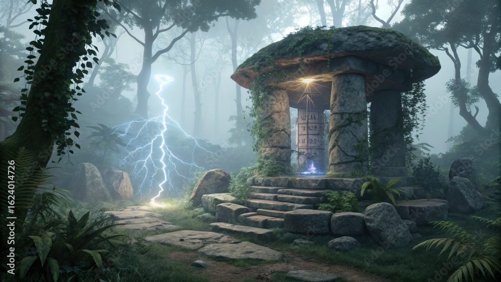 Obraz premium Mystical stone ruin in foggy forest struck by powerful lightning bolt during ancient ritual