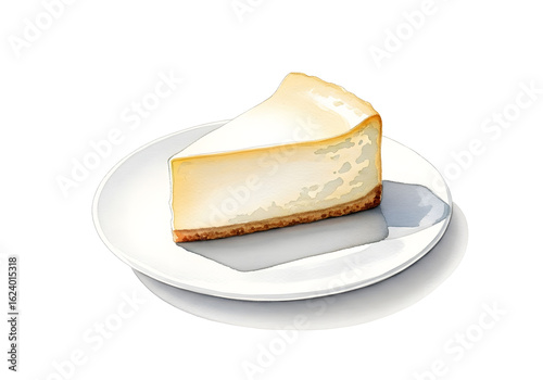 Slice of Classic Cheesecake on White Plate Watercolor