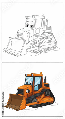A friendly cartoon bulldozer with eyes, shown as a black and white coloring page and a colored example.