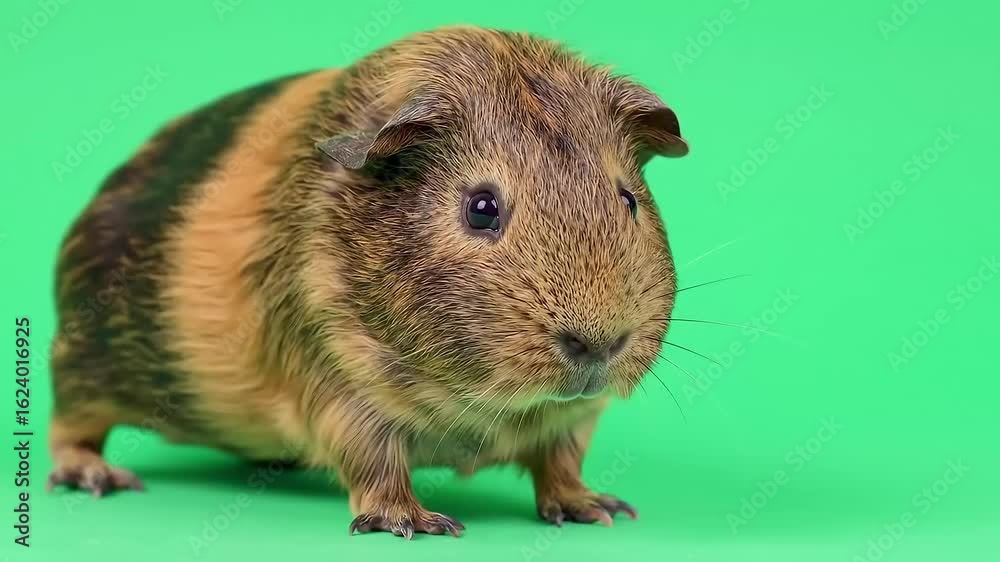 A brown and tan guinea pig stands against a vibrant green background.
