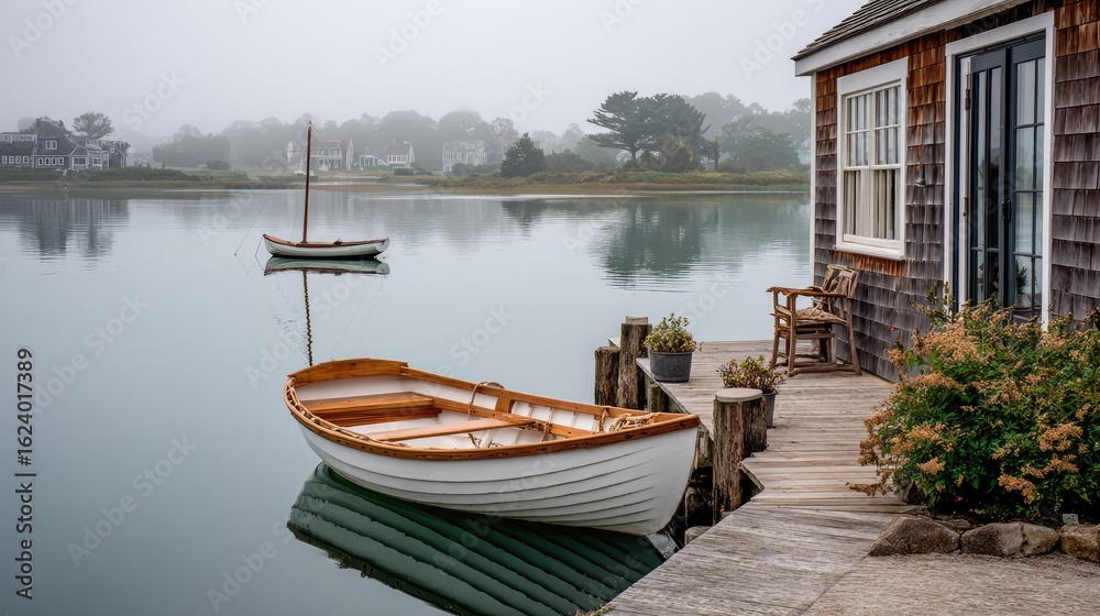 Obraz premium Misty morning scene of a small wooden boat docked at a tranquil waterside.