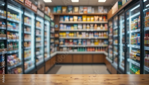 a blurred Modern Convenience Store Interior with Fully Stocked Shelves of Food and Beverages