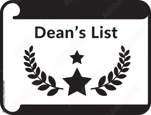 Black and white illustration of Dean's List award with laurel wreath and stars academic achievement
