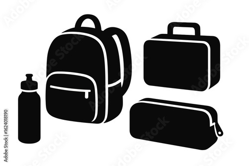 Back to school essentials vector illustration with backpack lunchbox pencil case and water bottle design on transparent background silhouette