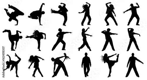 Silhouette dance moves collection vector illustration for dance studio and fitness classes design elements on transparent background