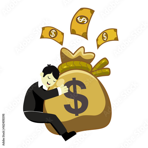 A cheerful businessman embraces a large sack of money. Symbolizes a significant business profit, financial success and profitable investment. Ideal for financial gain, business growth, etc