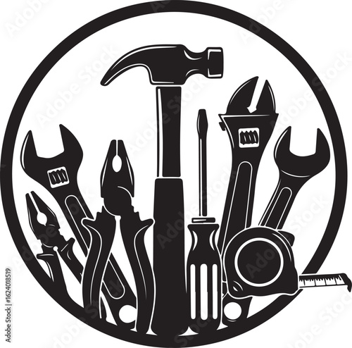 Black and white illustration of various hand tools in a circle hammer wrench