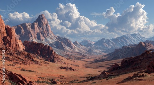 Expansive desert valley with towering red rock formations and distant mountains under a partly cloudy sky