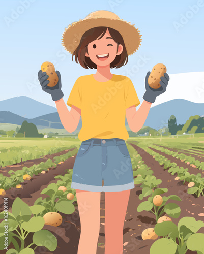 A smiling woman wearing a straw hat, yellow T-shirt, and denim shorts stands in a potato field. She holds a potato in her gloved hand. In the background are rows of potato fields under a clear sky