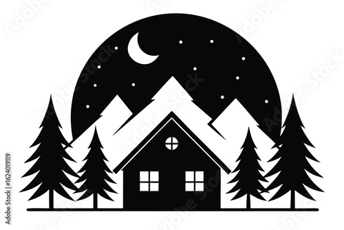 mountain cabin in a forest with moonlight and shad.eps