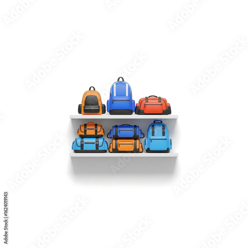 Colorful collection of travel backpacks and duffel bags displayed on white retail shelves. Minimalist concept for shopping, adventure, and luggage.