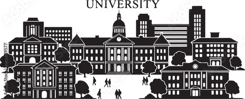 Black and white silhouette of university buildings and people walking campus education
